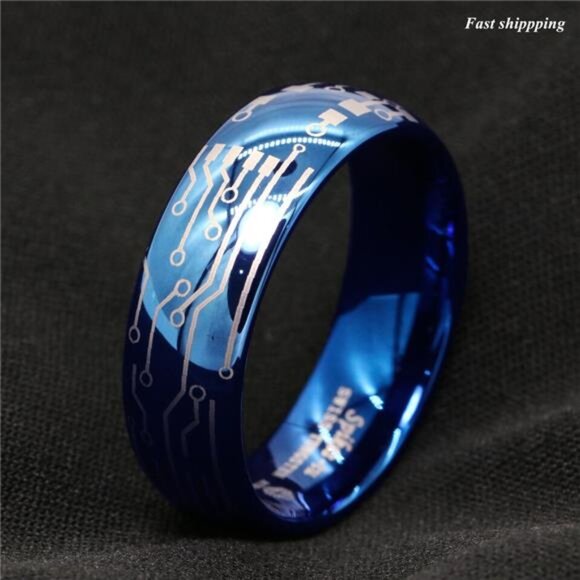 Men's Wedding Band - Dome Brushed Blue Laser Circuit Board Ring for Men & Women - Picture 3 of 6